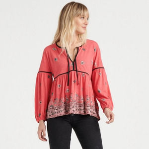 Lucky Brand Border Print Peasant Top Blouse Size Medium